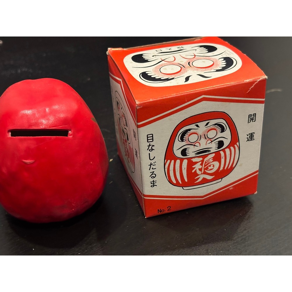 Vintage Japanese Red Daruma Doll Ceramic Coin Bank Good Luck Charm with Box - Picture 2 of 3